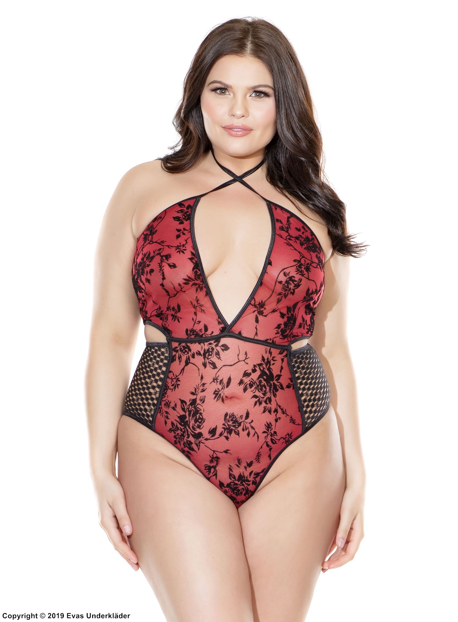 Dessous-Teddy, Stickerei, Neckholder, kleines Netz, Plus Size